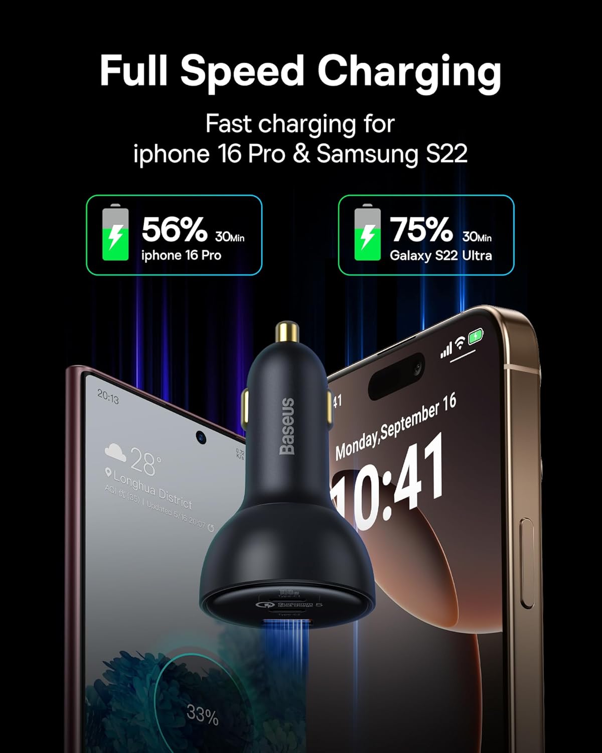 Baseus Qualcomm 5 160W USB C Car Charger with 3 ports