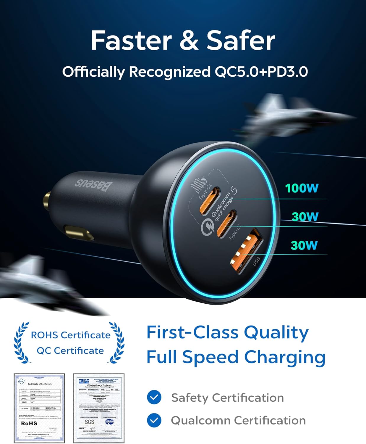 Baseus Qualcomm 5 160W USB C Car Charger with 3 ports