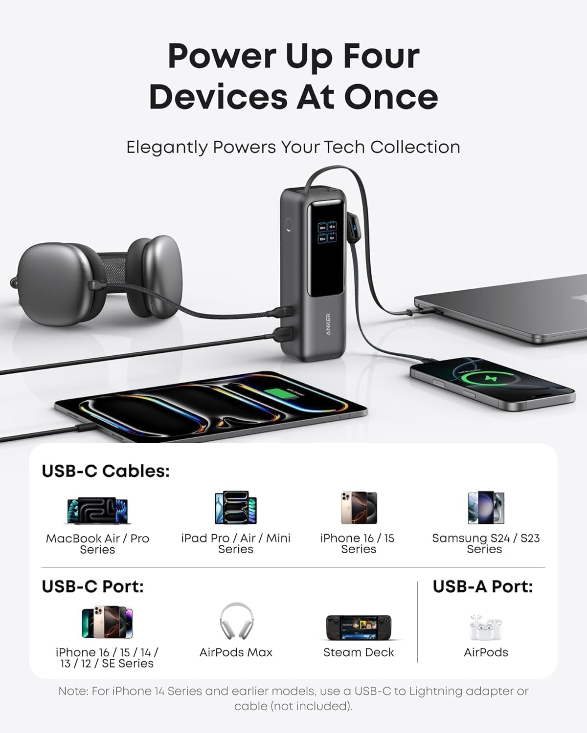anker high power multi-device charging 25,000mah 165w powerbank with built-in retractable cables