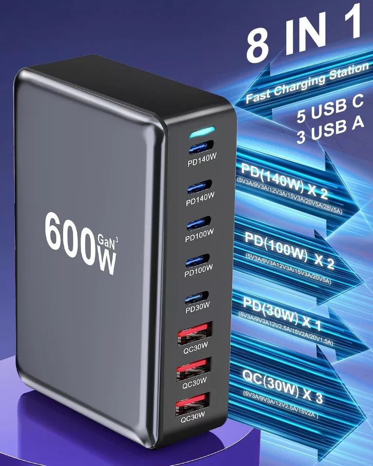 600W GaN Fast Charging Station – USB-C PD Desktop Charger for iPhone & Laptops