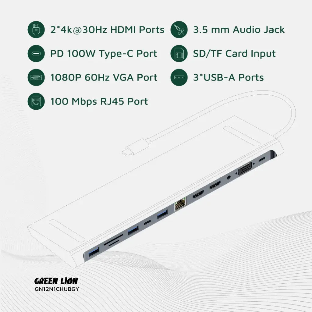 Green Lion 12-in-1 4K HDMI Ethernet USB-C Hub - Gray