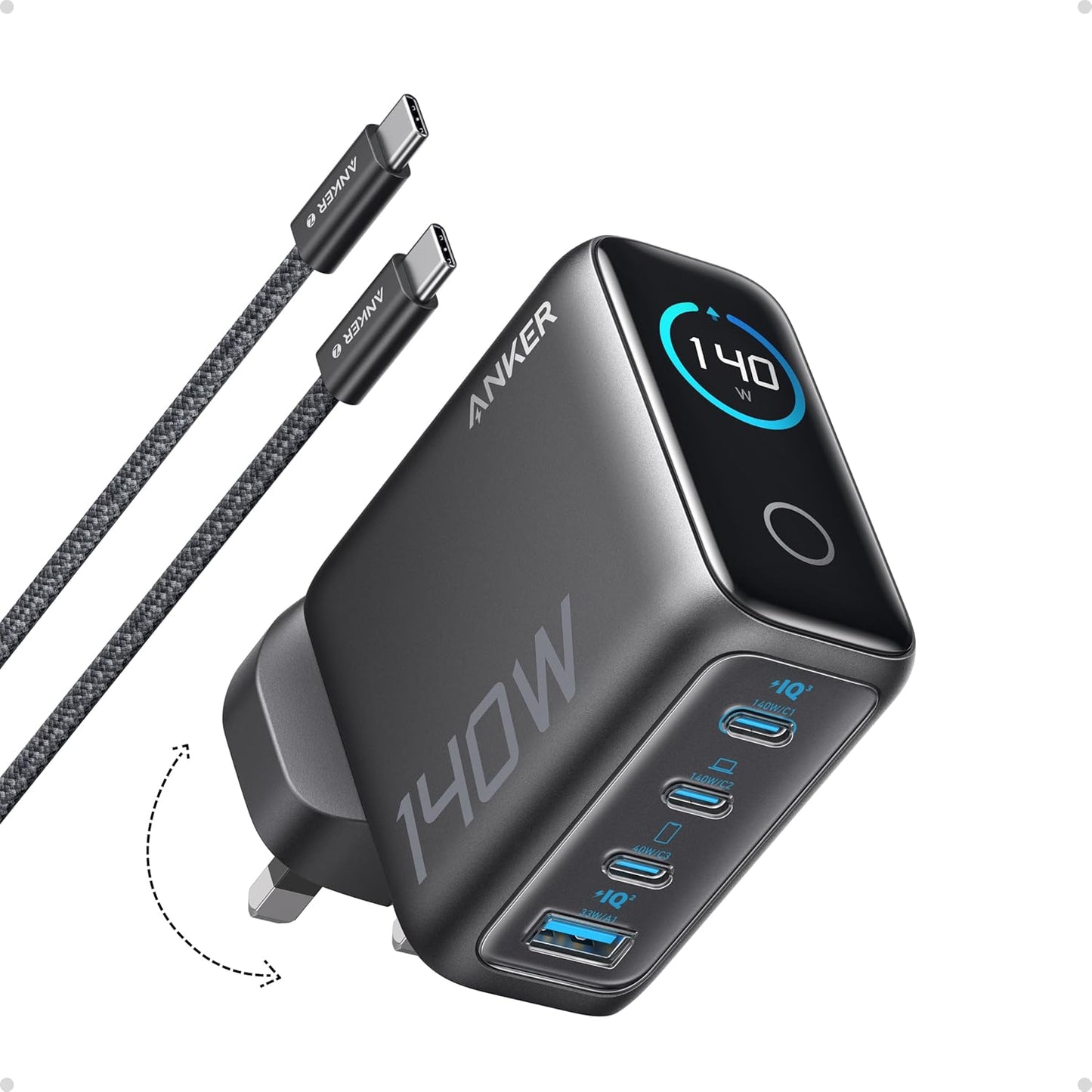 Anker 140W USB C Charger, Laptop Charger, 4-Port Multi-Device Fast Charging, Advanced GaN Power Adapter, Intuitive Touch Controls,