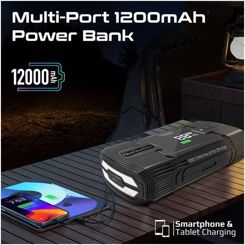 Promate PatrolPack-3 Jump Starter Power bank & Flashlight, 1200A/12V High-Capacity, 150PSI Air Compressor, 12000mAh, Fast Charging Ports, Automatic TPMS Function, Black | PatrolPack-3