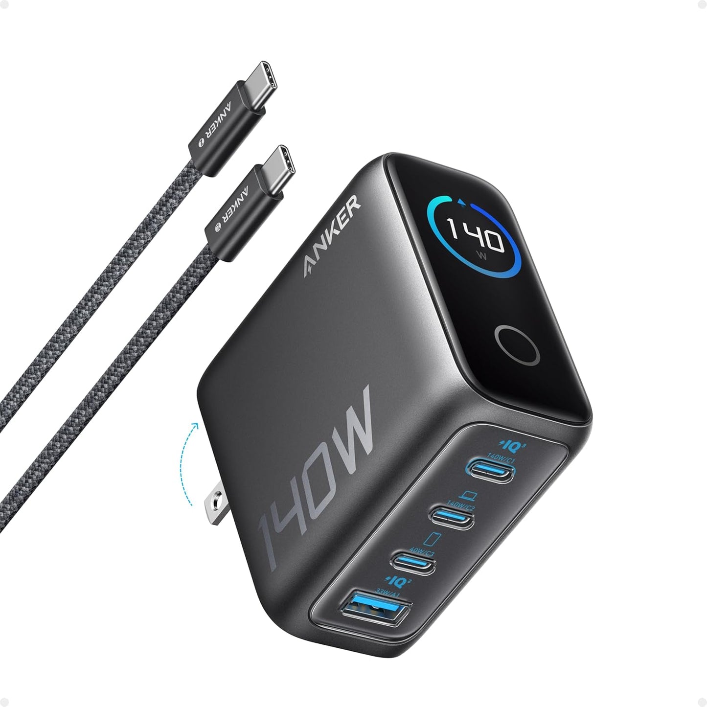 Anker Laptop Charger, 140W MAX USB C Charger, 4-Port Multi-Device Fast Charging, Advanced GaN Power Adapter,