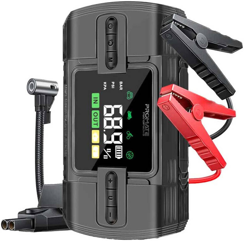 Promate PatrolPack-3 Jump Starter Power bank & Flashlight, 1200A/12V High-Capacity, 150PSI Air Compressor, 12000mAh, Fast Charging Ports, Automatic TPMS Function, Black | PatrolPack-3