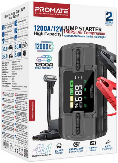 Promate PatrolPack-3 Jump Starter Power bank & Flashlight, 1200A/12V High-Capacity, 150PSI Air Compressor, 12000mAh, Fast Charging Ports, Automatic TPMS Function, Black | PatrolPack-3