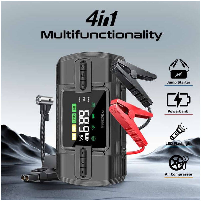Promate PatrolPack-3 Jump Starter Power bank & Flashlight, 1200A/12V High-Capacity, 150PSI Air Compressor, 12000mAh, Fast Charging Ports, Automatic TPMS Function, Black | PatrolPack-3