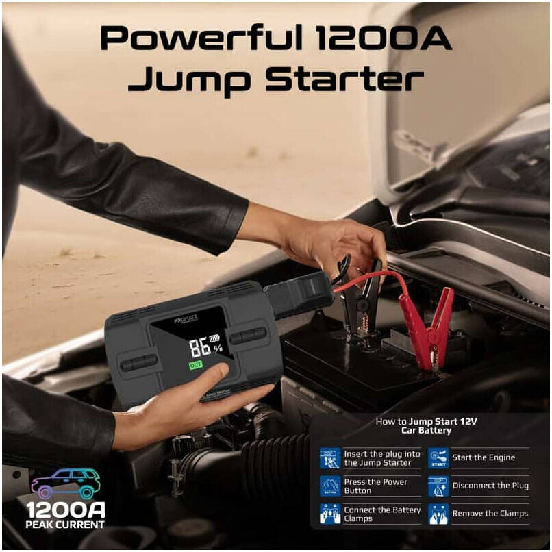 Promate PatrolPack-3 Jump Starter Power bank & Flashlight, 1200A/12V High-Capacity, 150PSI Air Compressor, 12000mAh, Fast Charging Ports, Automatic TPMS Function, Black | PatrolPack-3