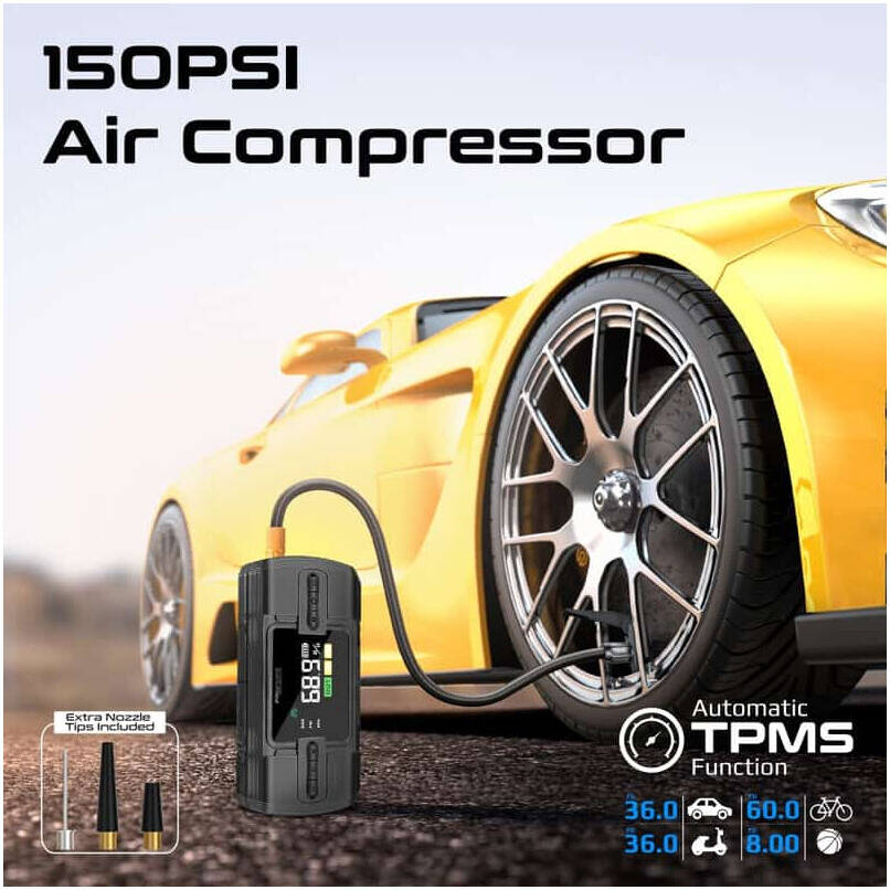 Promate PatrolPack-3 Jump Starter Power bank & Flashlight, 1200A/12V High-Capacity, 150PSI Air Compressor, 12000mAh, Fast Charging Ports, Automatic TPMS Function, Black | PatrolPack-3