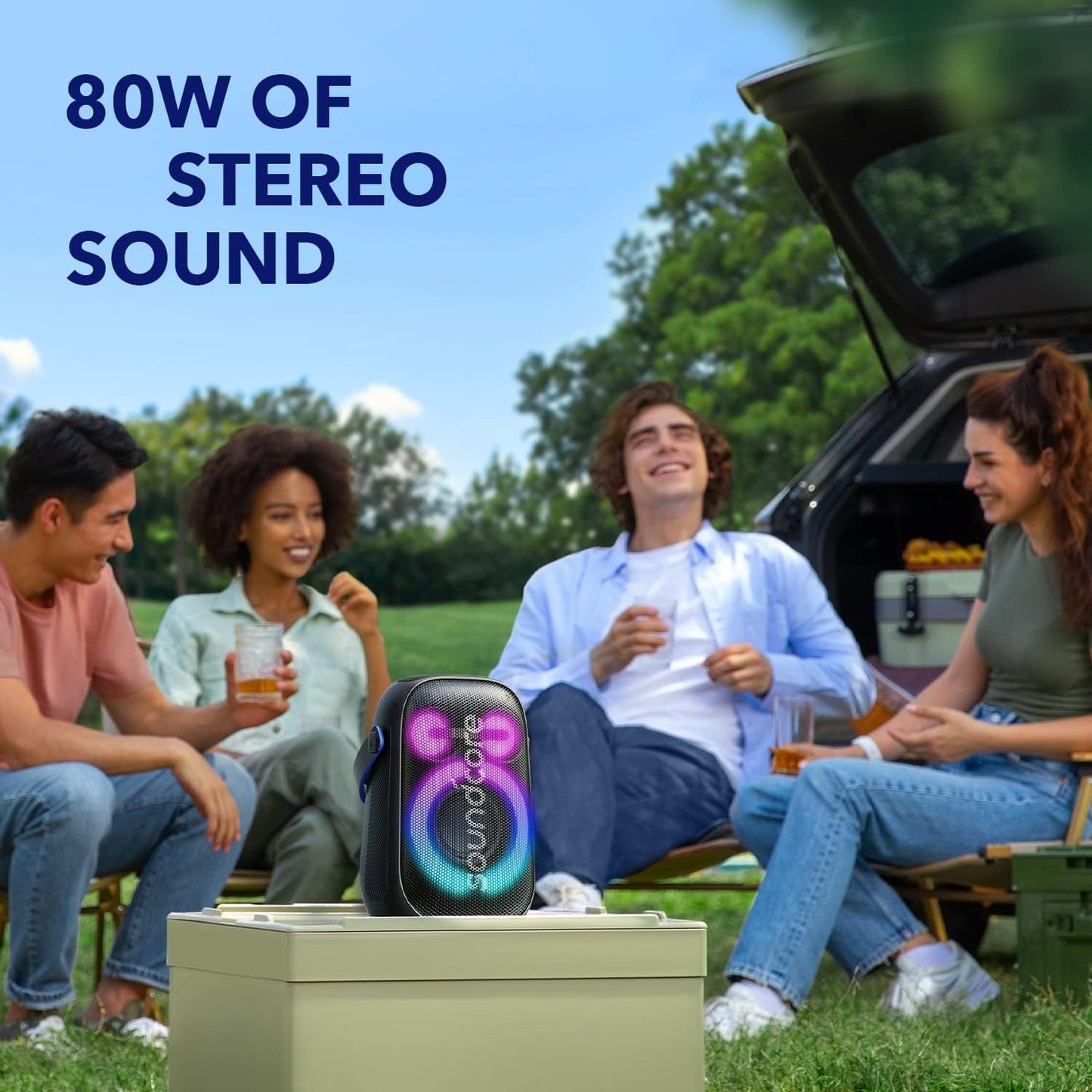 Soundcore Anker Rave Neo 2 Portable Speaker with 80W Stereo Sound, PartyCast 2.0, Light Show, IPX7 Waterproof (Floats on Water) 18H Playtime, Customizable EQ & Bass Up