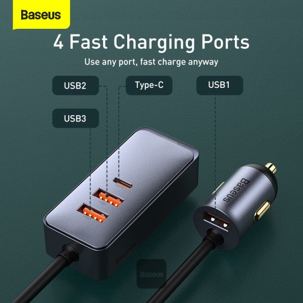 Baseus Share Together PPS multi-port Fast charging car charger with extension cord 120W 2U+2C Gray