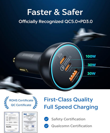 Baseus  Qualcomm 5 160W USB C Car Charger with 3 ports