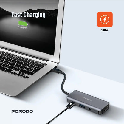 Porodo 4in1 USB-C Hub Type-C PD 100W HDMI USB 3.5mm Aux - Grey