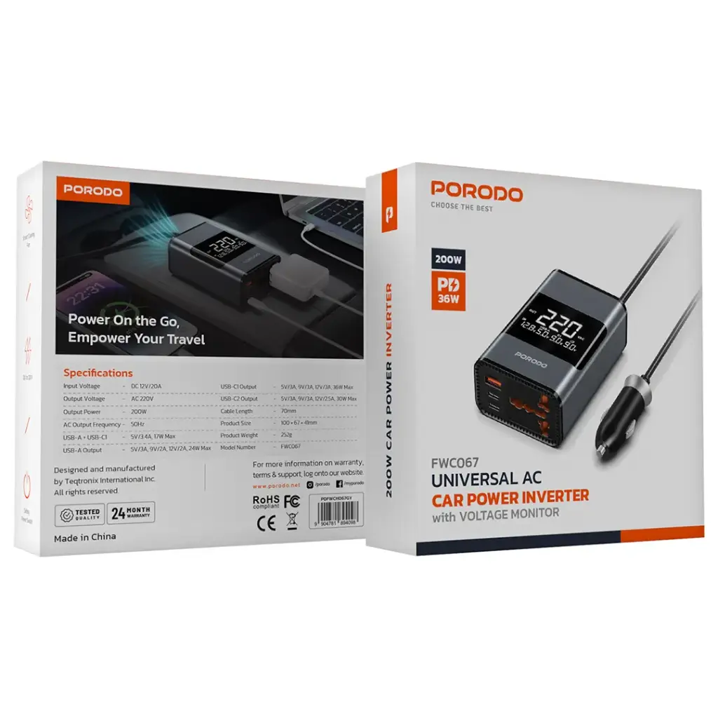 Porodo FWC067 Universal AC Car Power Inverter - Gray