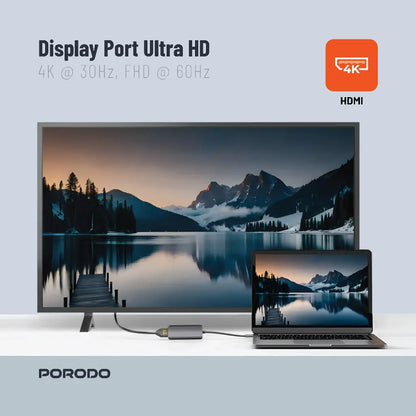 Porodo 4in1 USB-C Hub Type-C PD 100W HDMI USB 3.5mm Aux - Grey
