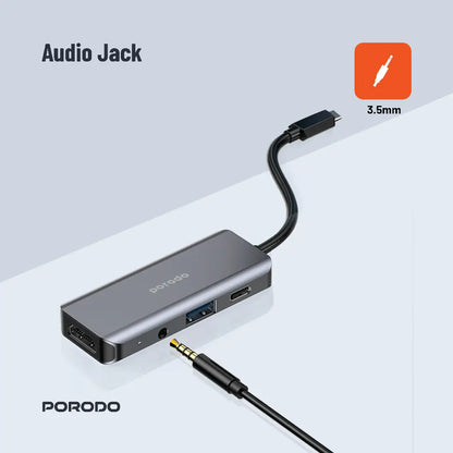 Porodo 4in1 USB-C Hub Type-C PD 100W HDMI USB 3.5mm Aux - Grey