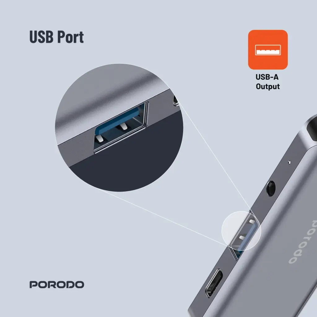 Porodo 4in1 USB-C Hub Type-C PD 100W HDMI USB 3.5mm Aux - Grey