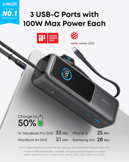 anker high power multi-device charging 25,000mah 165w powerbank with built-in retractable cables