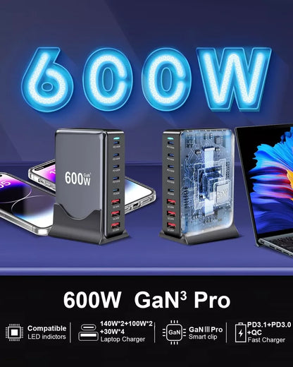 600W GaN Fast Charging Station – USB-C PD Desktop Charger for iPhone & Laptops