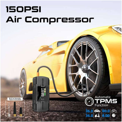 Promate PatrolPack-3 Jump Starter Power bank & Flashlight, 1200A/12V High-Capacity, 150PSI Air Compressor, 12000mAh, Fast Charging Ports, Automatic TPMS Function, Black | PatrolPack-3