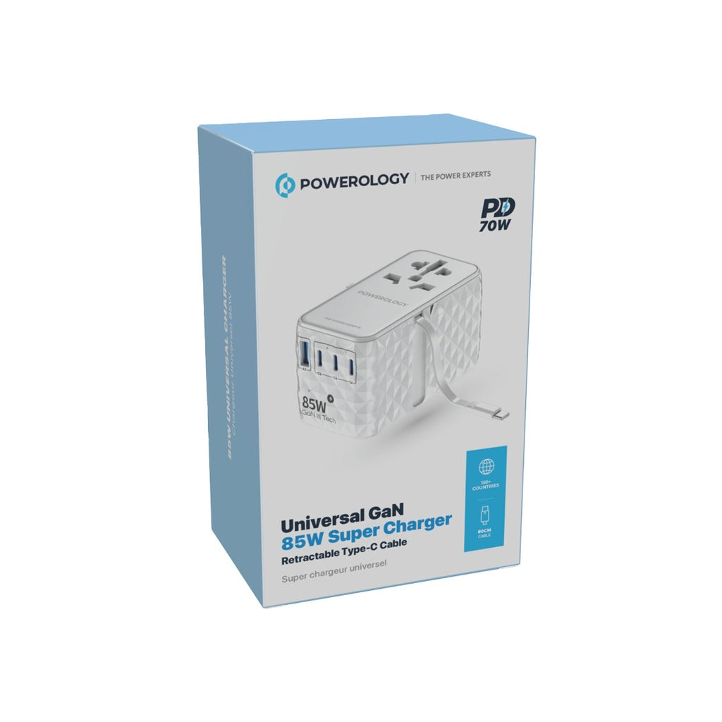 Powerology Universal GaN 85W Super Charger with Retractable Type-C Cable