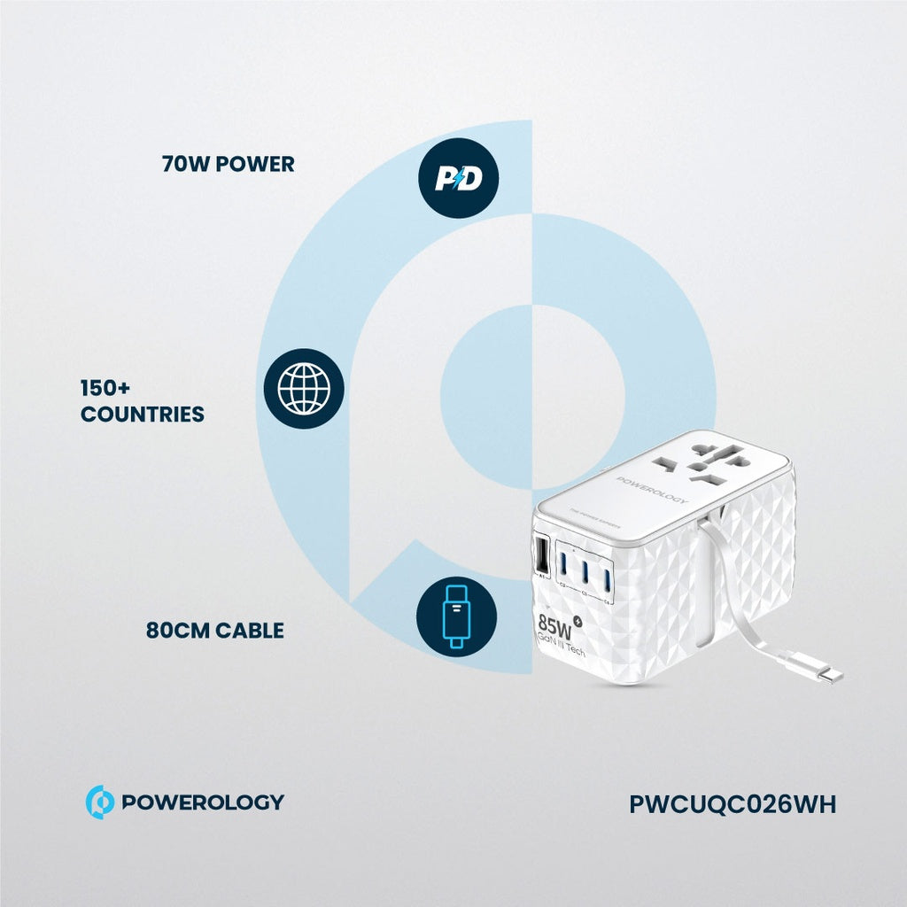 Powerology Universal GaN 85W Super Charger with Retractable Type-C Cable
