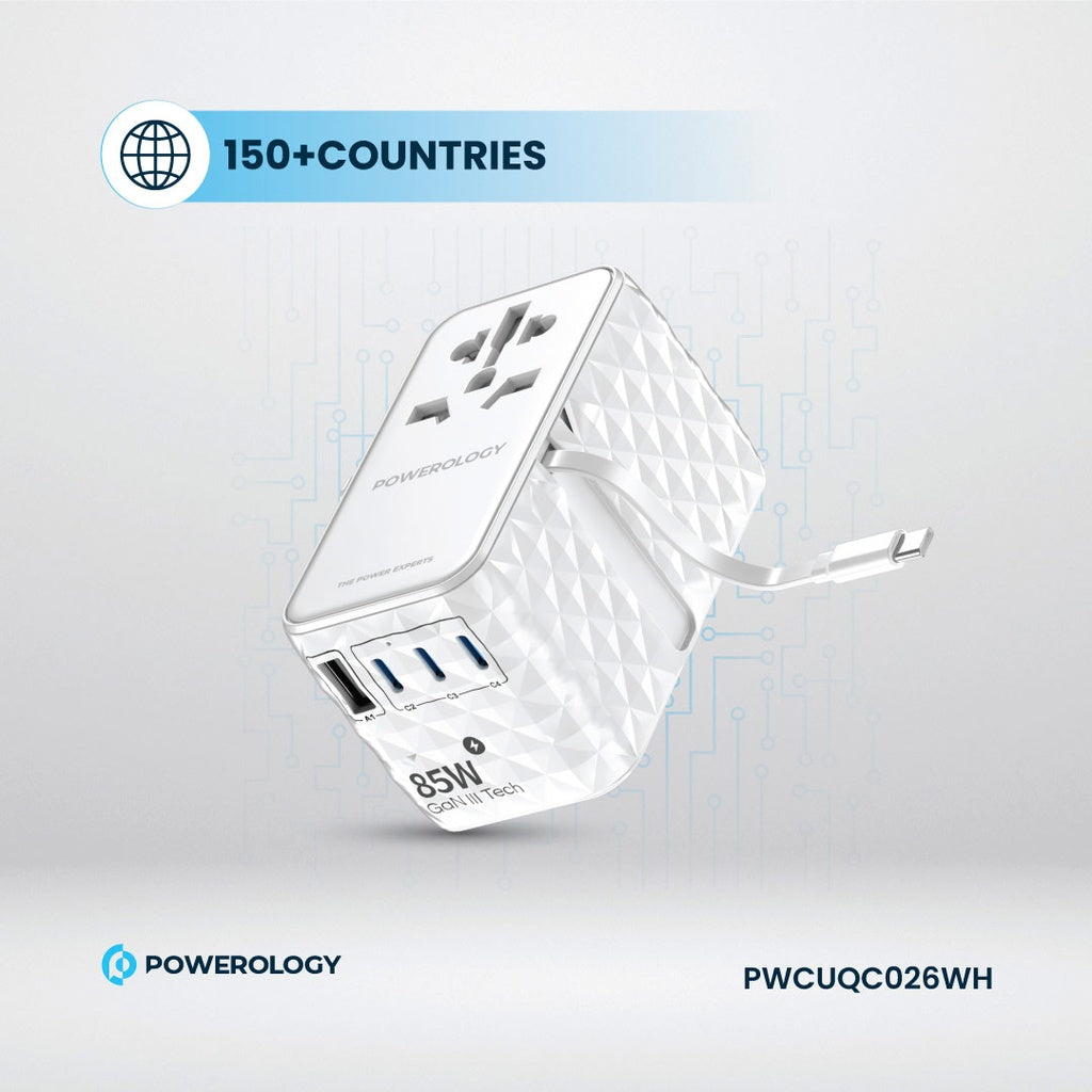 Powerology Universal GaN 85W Super Charger with Retractable Type-C Cable