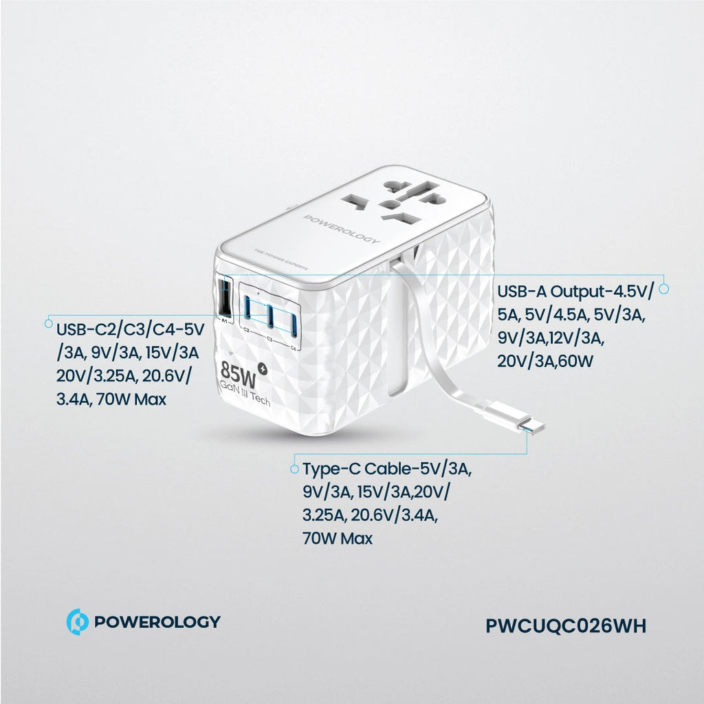 Powerology Universal GaN 85W Super Charger with Retractable Type-C Cable