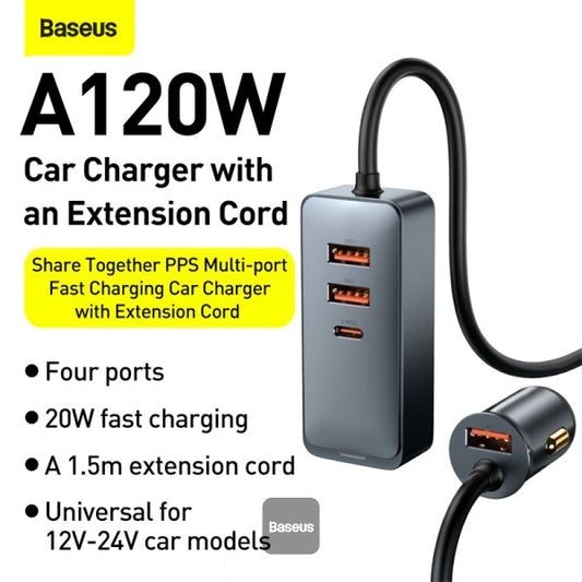 Baseus Share Together PPS multi-port Fast charging car charger with extension cord 120W 2U+2C Gray